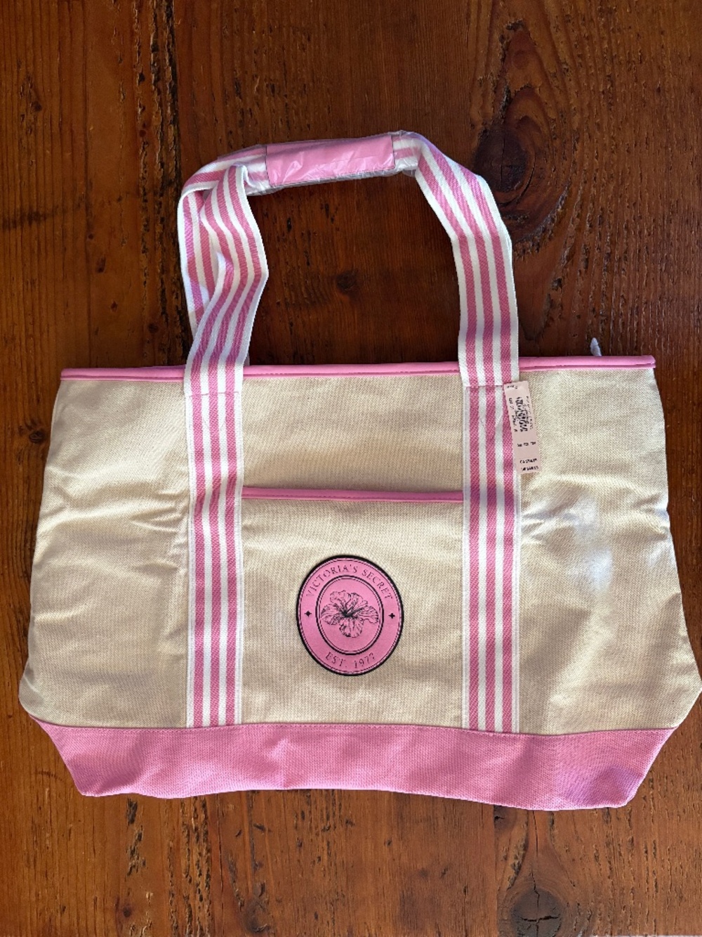 NWT Victoria's Secret Canvas Tote Bag, Natural and Pink with Stripes